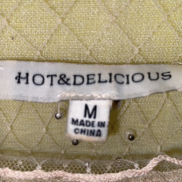 HOT & DELICIOUS LONG SLV BEIGE FLESH TONE PEARL DIAMOND-NET BODYSUIT SZ M - Picture 2 of 9